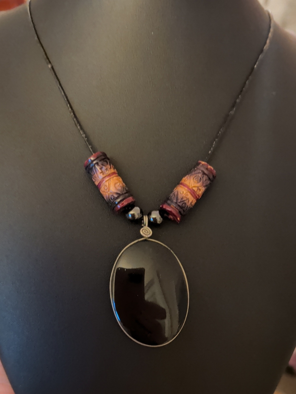 Boho Stylish Black Onyx Pendant Necklace with Red-Orange Accent Beads